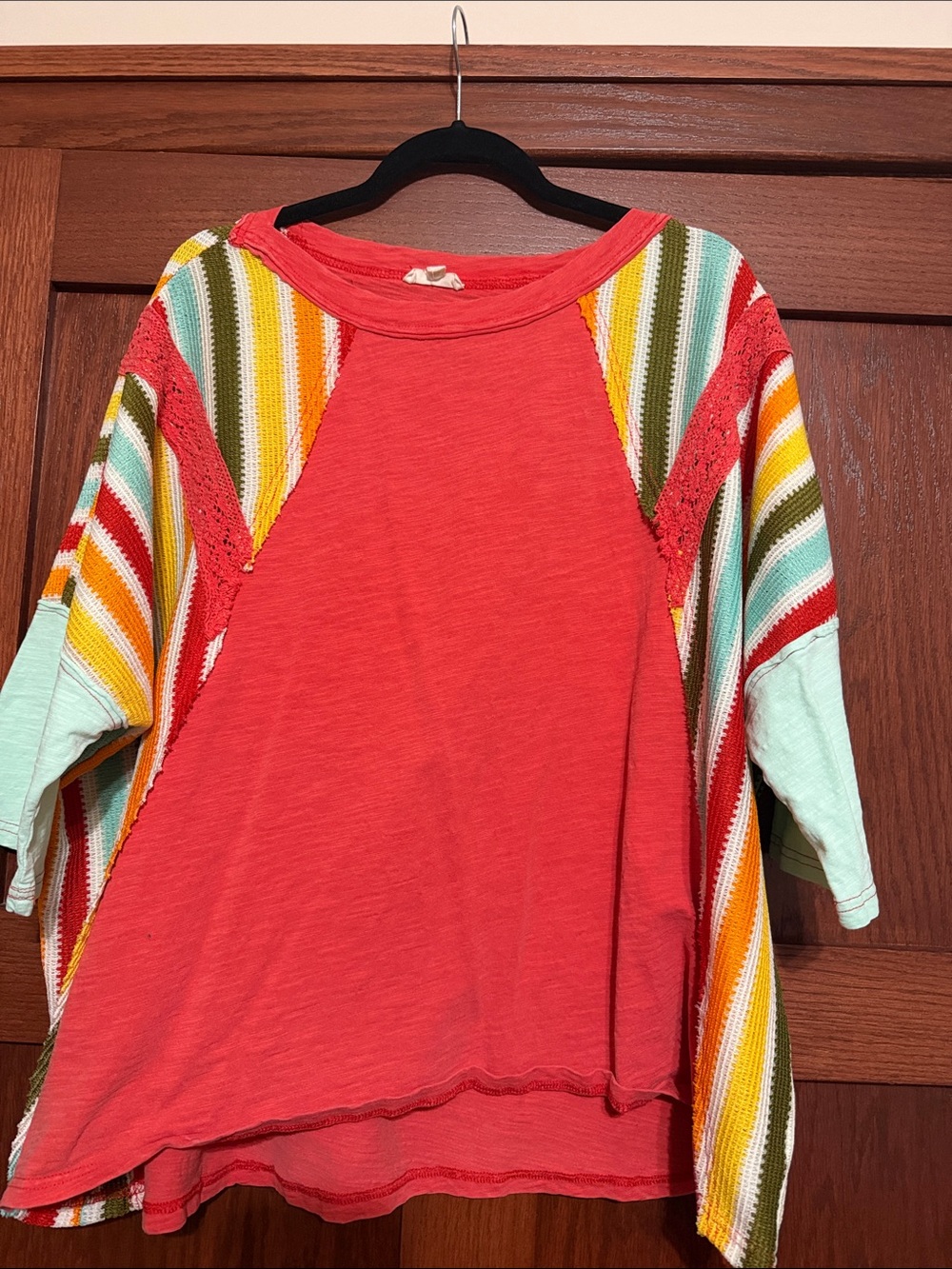 easel Coral Raglan Top with Mint and Multicolor Stripes